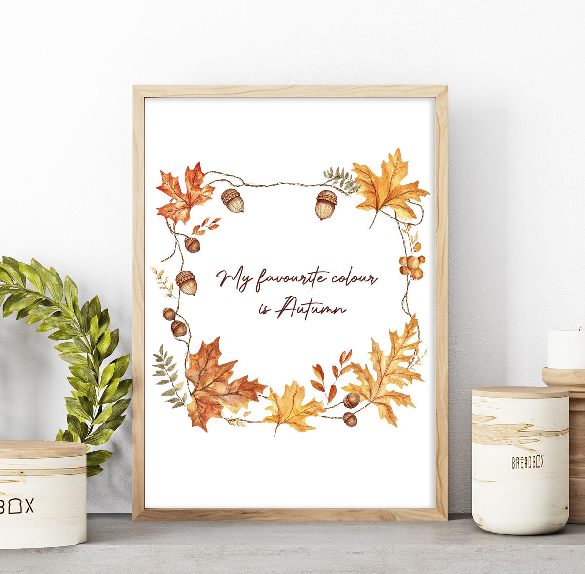 Autumn Leaves & Acorns Art Poster: Modern Minimalist Autumnal Gallery Wall Art Cosy Print