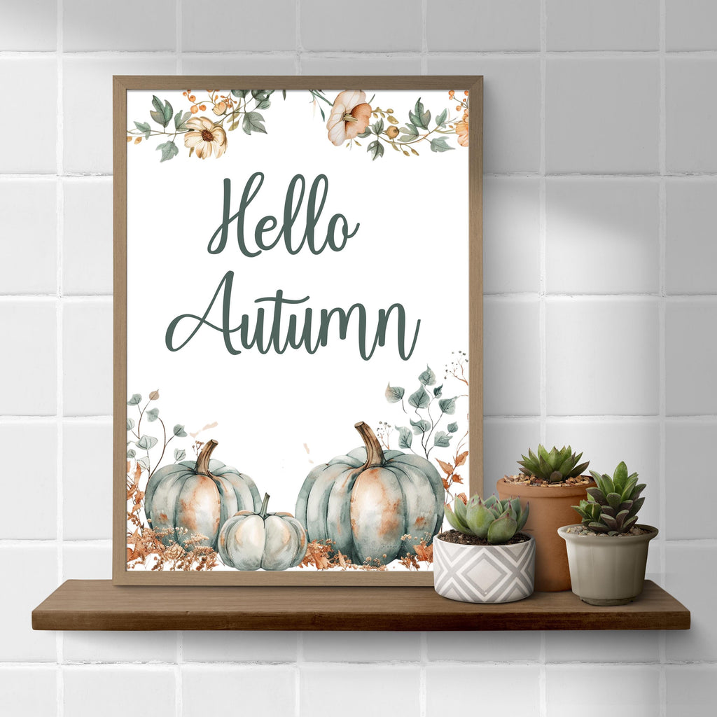 Hello Autumn Watercolour Print: Fall Leaves, Pumpkins, Neutral Kitchen Gallery Art Decor Poster