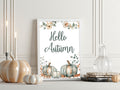 Hello Autumn Watercolour Print: Fall Leaves, Pumpkins, Neutral Kitchen Gallery Art Decor Poster