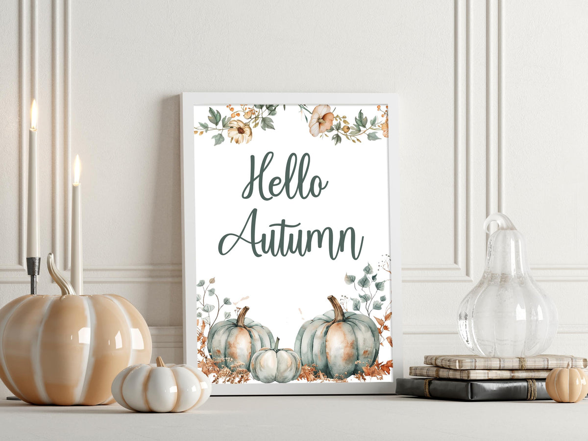 Hello Autumn Watercolour Print: Fall Leaves, Pumpkins, Neutral Kitchen Gallery Art Decor Poster