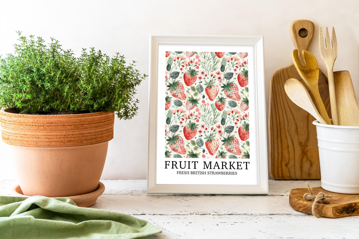 Vintage Strawberry Kitchen Print: Cottagecore British Fruit Market Gallery Wall Farmhouse Art Poster