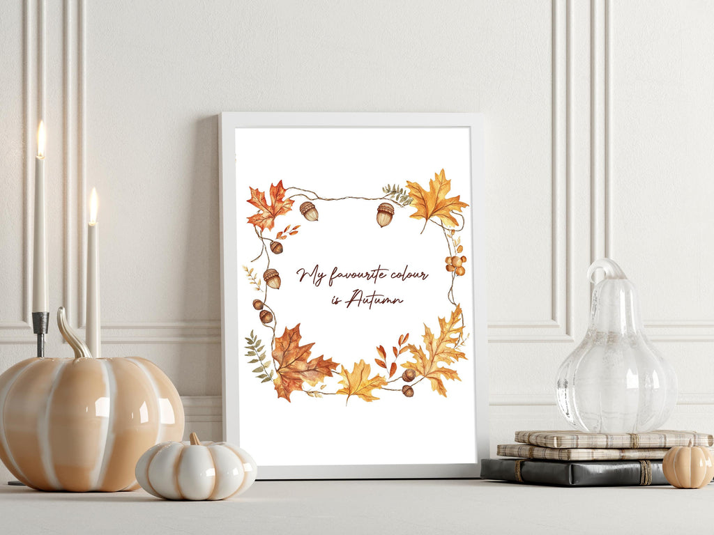 Autumn Leaves & Acorns Art Poster: Modern Minimalist Autumnal Gallery Wall Art Cosy Print