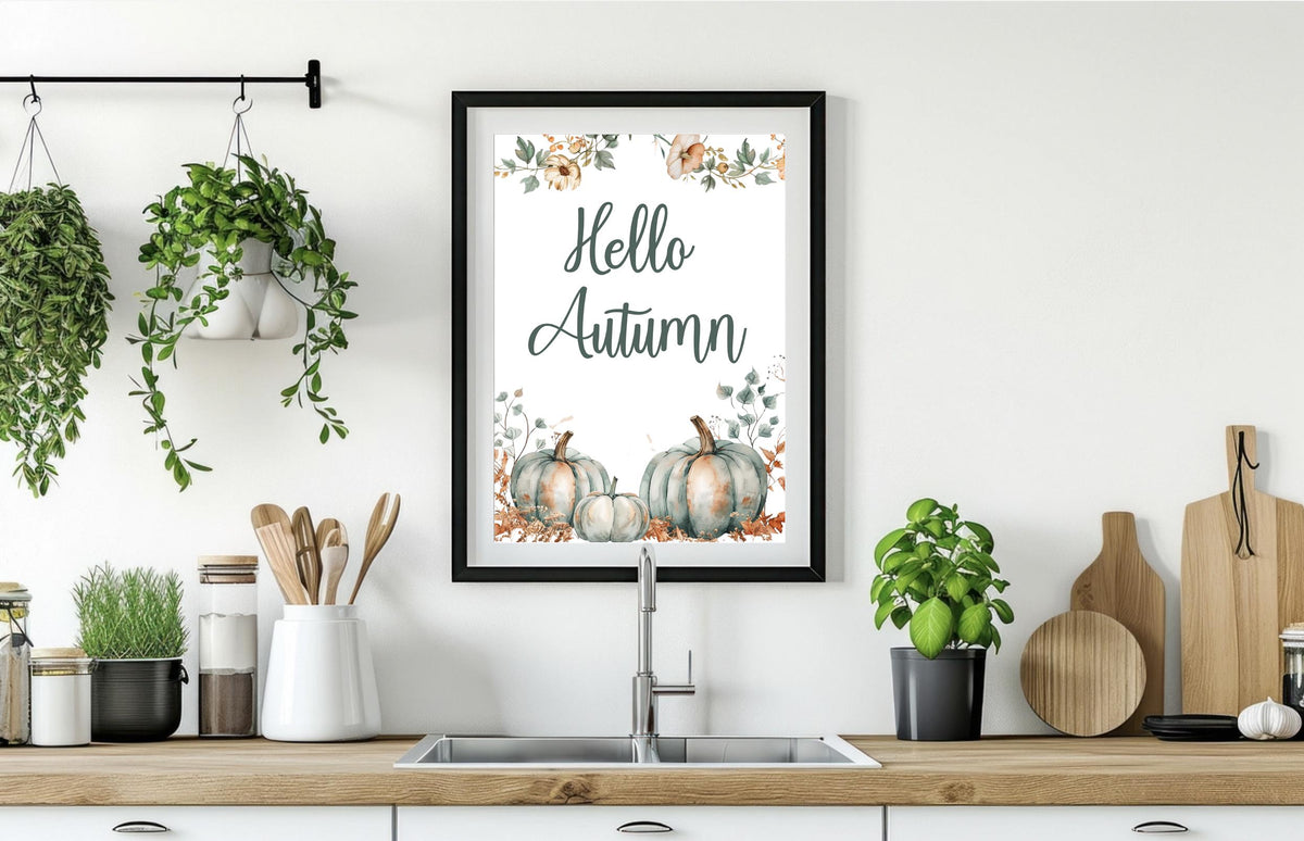 Hello Autumn Watercolour Print: Fall Leaves, Pumpkins, Neutral Kitchen Gallery Art Decor Poster