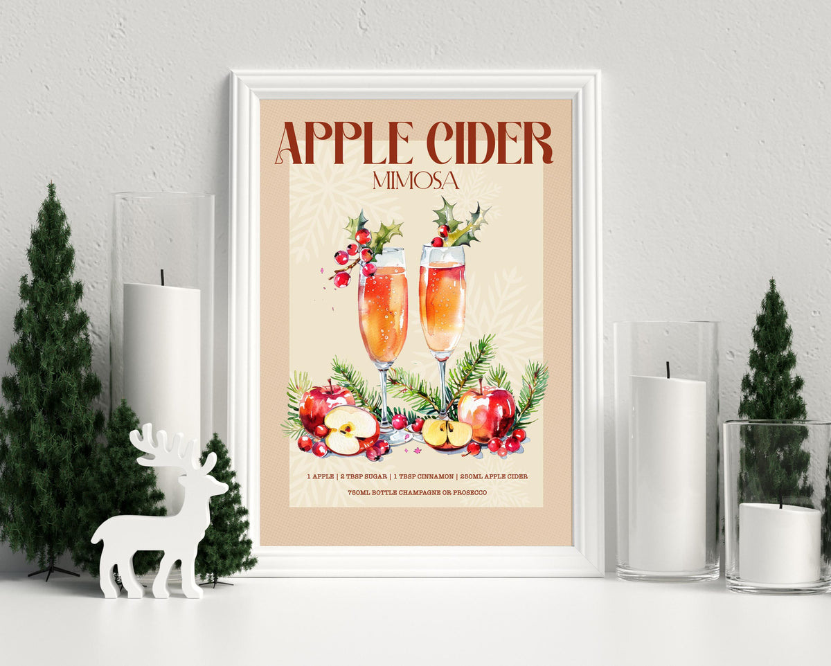 Retro Apple Cider Mimosa Christmas Cocktail Print: Vintage Bar Cart Gallery Kitchen Artwork Gift