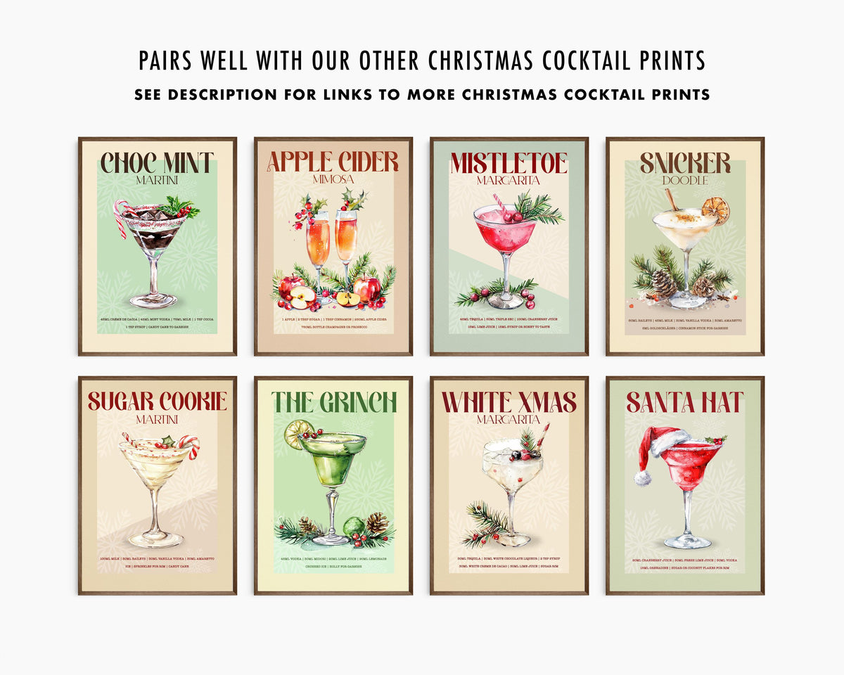 White Xmas Margarita Print: Retro Cocktail Art,  Christmas Drinks Kitchen Decor, Christmas Cocktail Poster Set