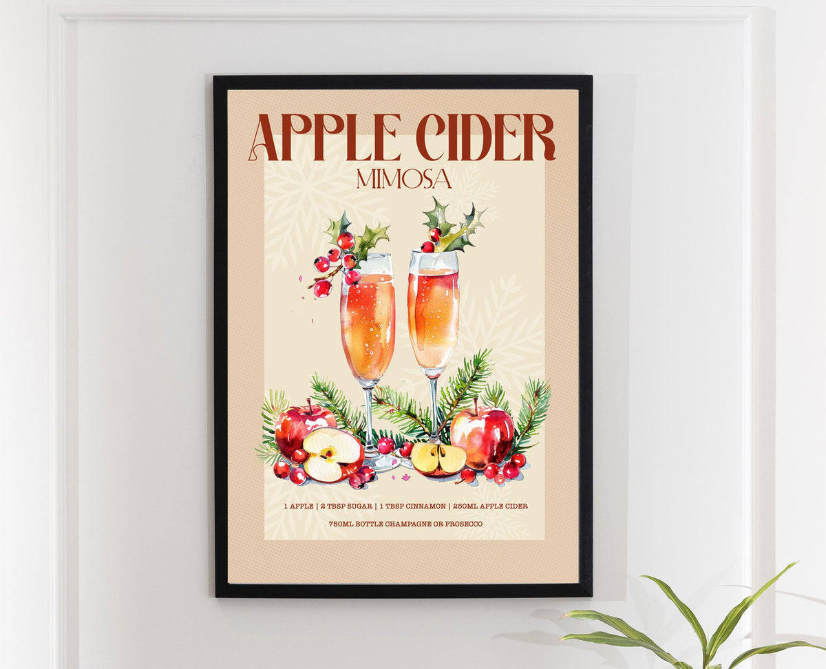Retro Apple Cider Mimosa Christmas Cocktail Print: Vintage Bar Cart Gallery Kitchen Artwork Gift