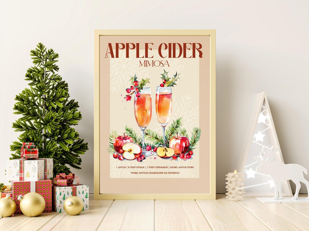 Retro Apple Cider Mimosa Christmas Cocktail Print: Vintage Bar Cart Gallery Kitchen Artwork Gift
