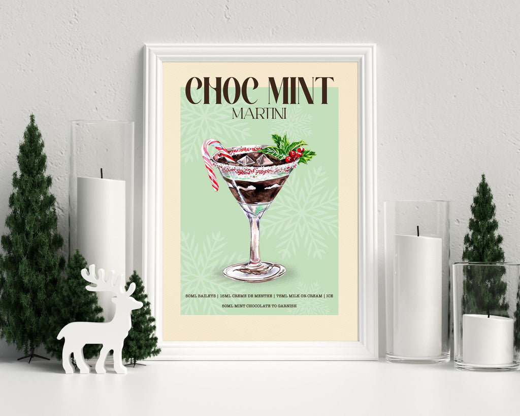 Chocolate Mint Martini Print: Retro Christmas Cocktail Art Poster, Bar Cart Gallery Wall Decor