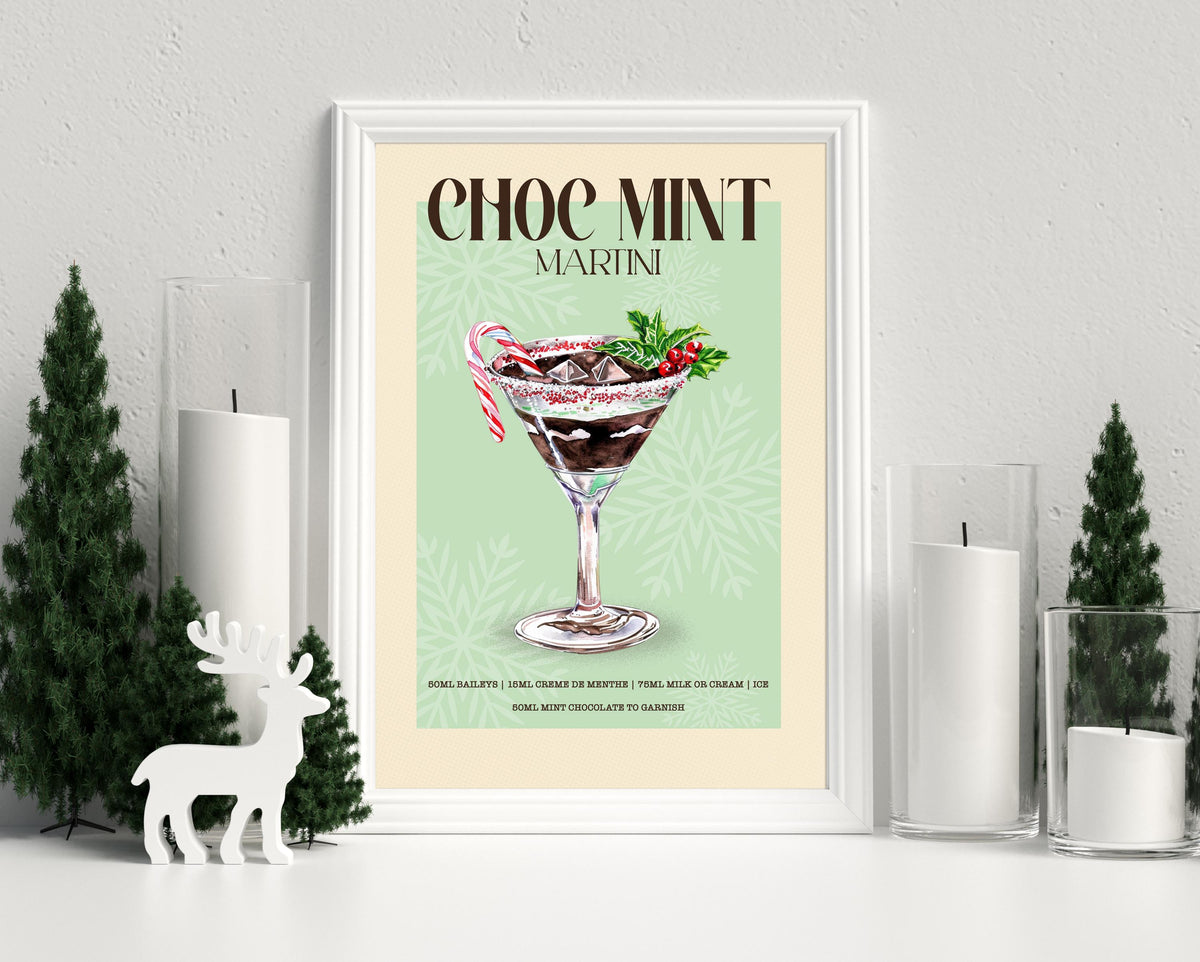 Chocolate Mint Martini Print: Retro Christmas Cocktail Art Poster, Bar Cart Gallery Wall Decor