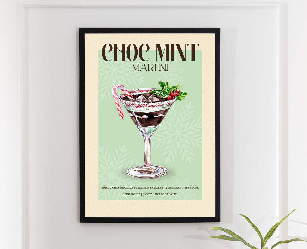Chocolate Mint Martini Print: Retro Christmas Cocktail Art Poster, Bar Cart Gallery Wall Decor
