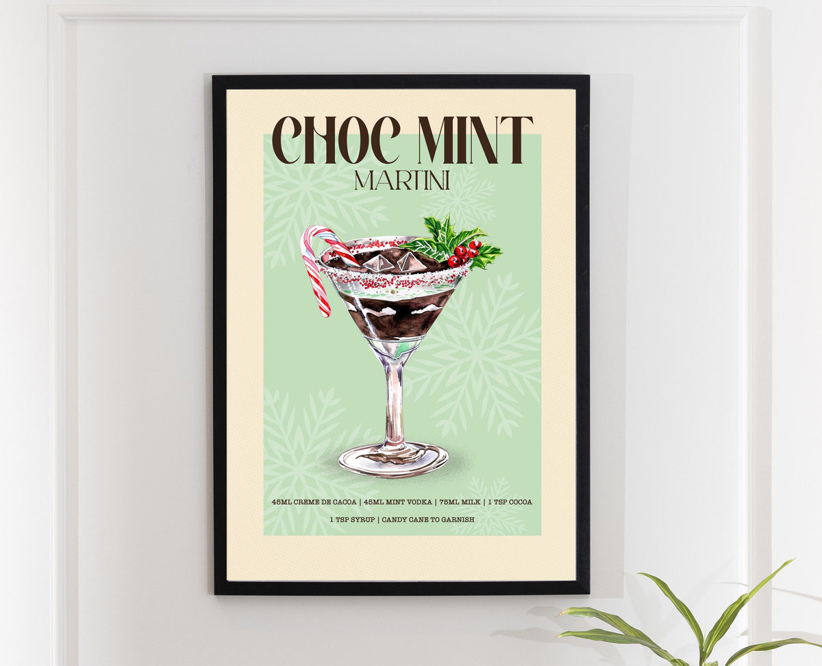 Chocolate Mint Martini Print: Retro Christmas Cocktail Art Poster, Bar Cart Gallery Wall Decor