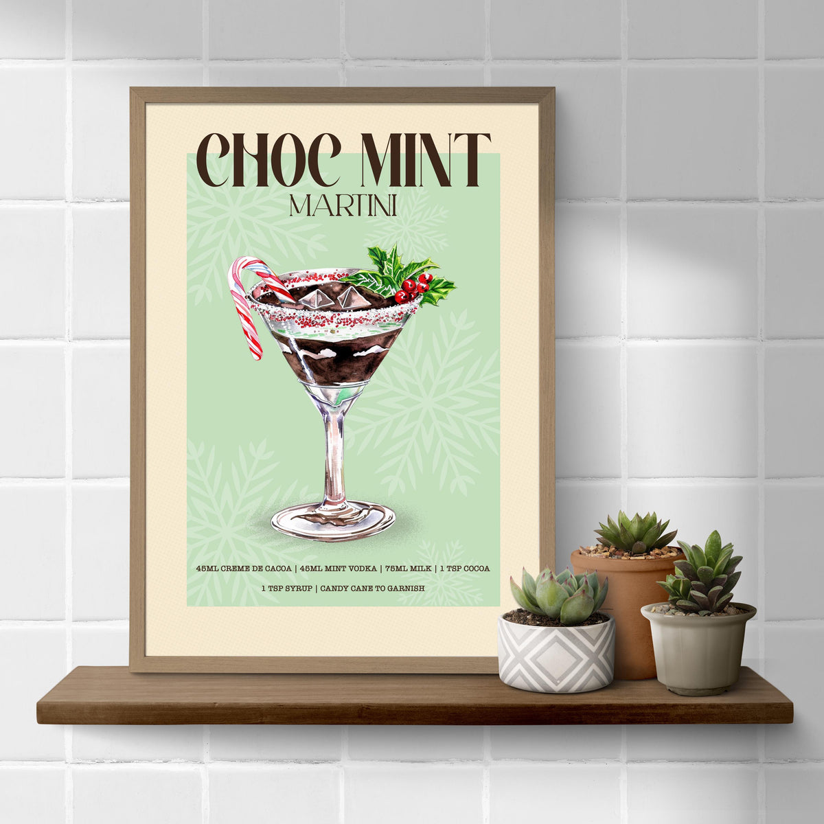 Chocolate Mint Martini Print: Retro Christmas Cocktail Art Poster, Bar Cart Gallery Wall Decor