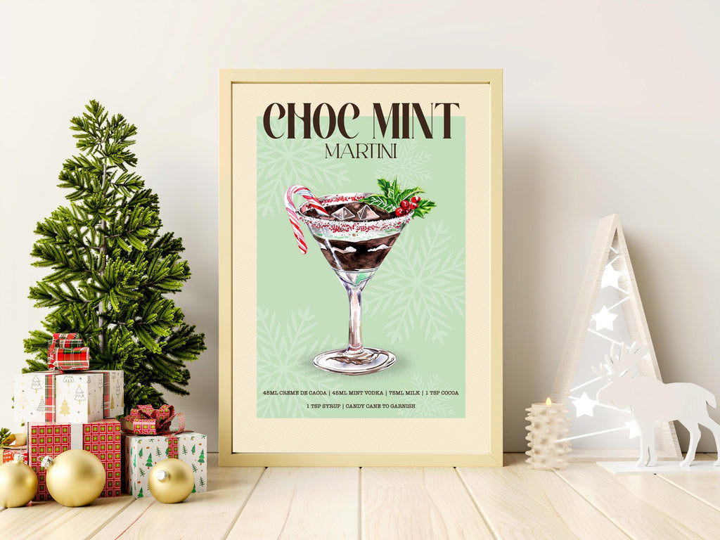 Chocolate Mint Martini Print: Retro Christmas Cocktail Art Poster, Bar Cart Gallery Wall Decor