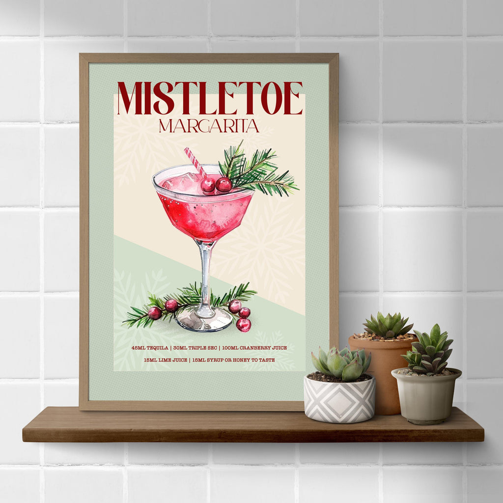Mistletoe Margarita Print: Retro Christmas & Winter Wedding Cocktail Art Poster Gift