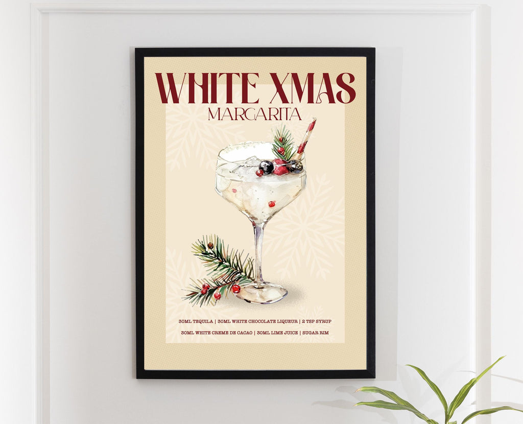 White Xmas Margarita Print: Retro Cocktail Art,  Christmas Drinks Kitchen Decor, Christmas Cocktail Poster Set