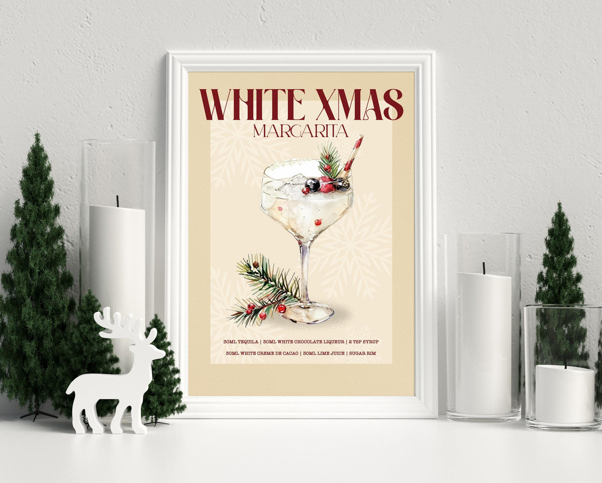 White Xmas Margarita Print: Retro Cocktail Art,  Christmas Drinks Kitchen Decor, Christmas Cocktail Poster Set