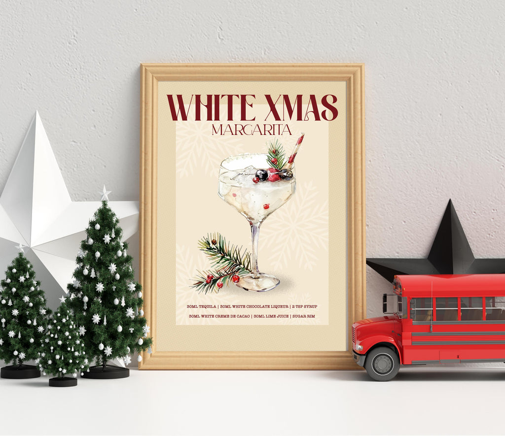 White Xmas Margarita Print: Retro Cocktail Art,  Christmas Drinks Kitchen Decor, Christmas Cocktail Poster Set