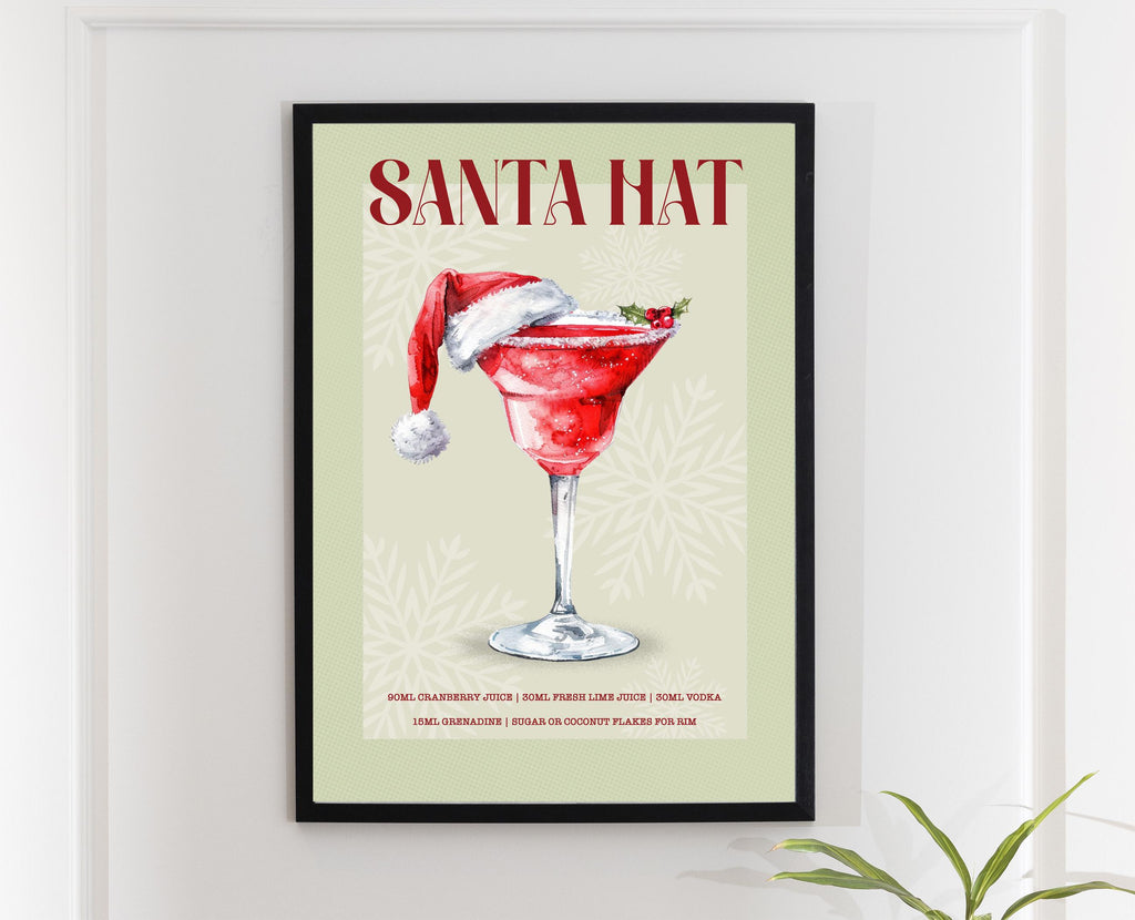Santa Hat Cocktail Print: Retro Festive Christmas Bar Cart Art Poster Gift