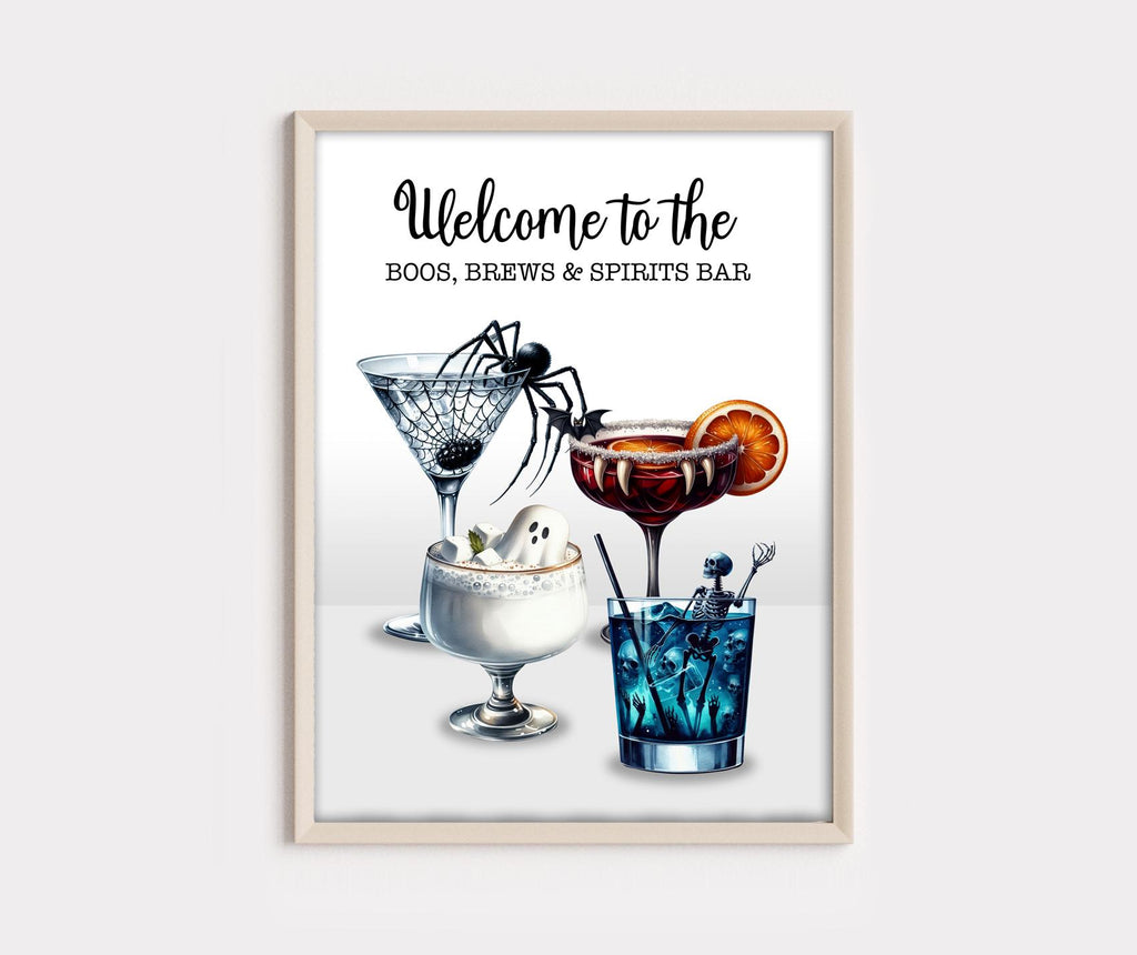 Halloween Cocktail Art Print: Boos, Brews & Spirits Bar Poster. Halloween party decoration