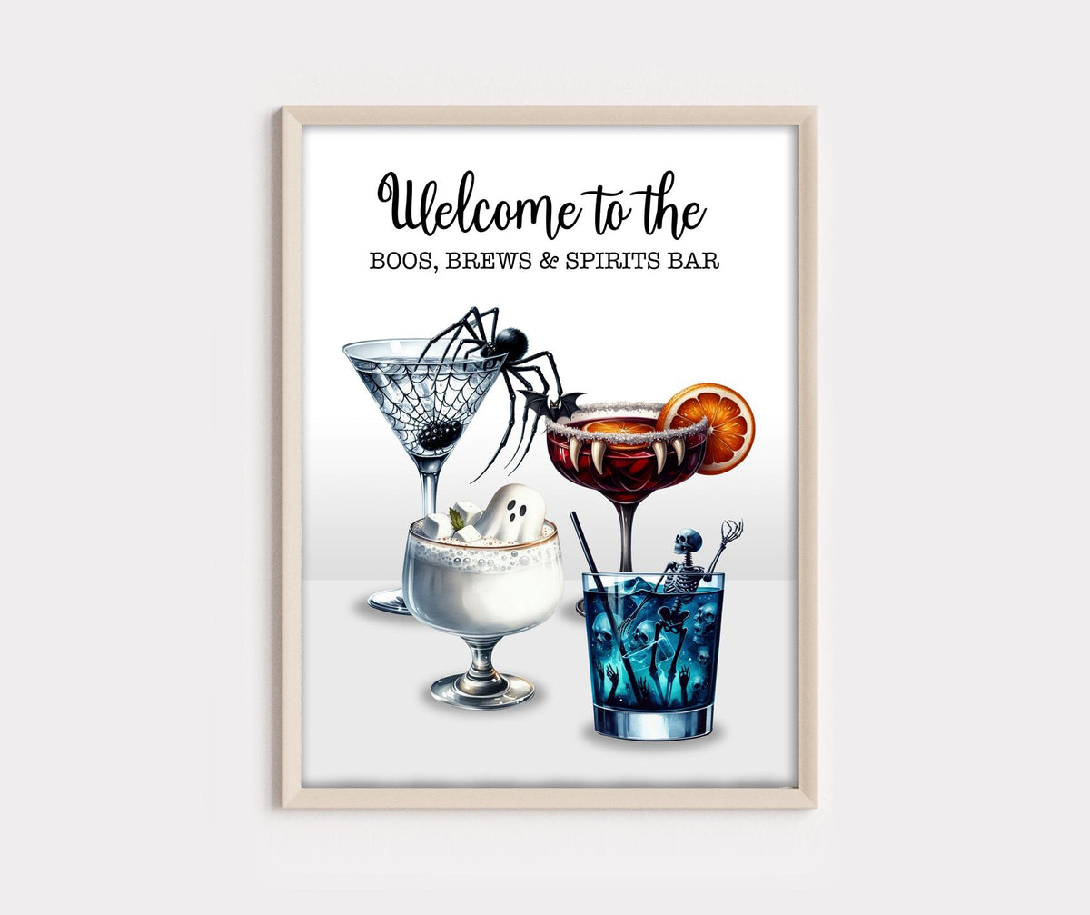 Halloween Cocktail Art Print: Boos, Brews & Spirits Bar Poster. Halloween party decoration