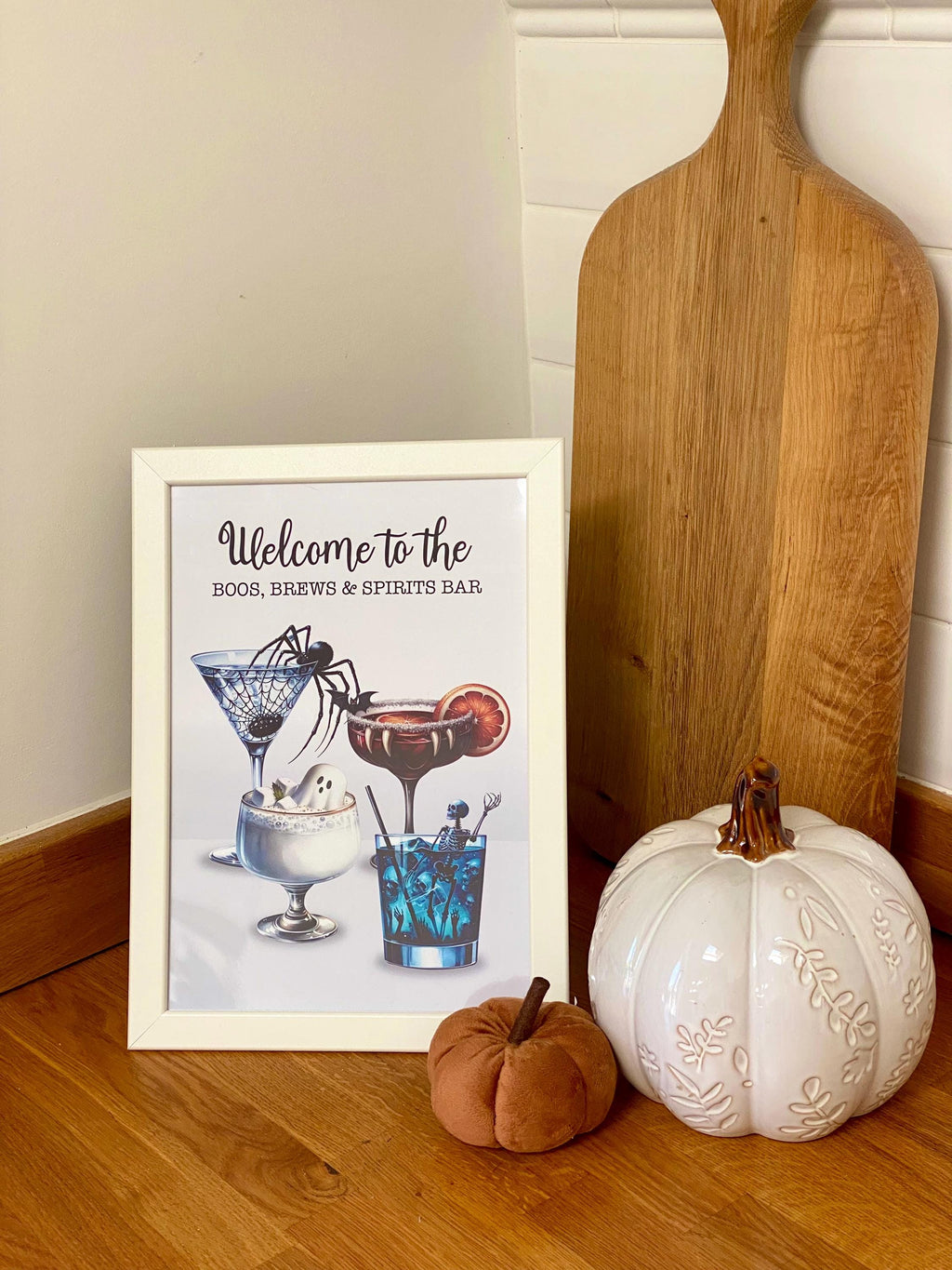 Halloween Cocktail Art Print: Boos, Brews & Spirits Bar Poster. Halloween party decoration