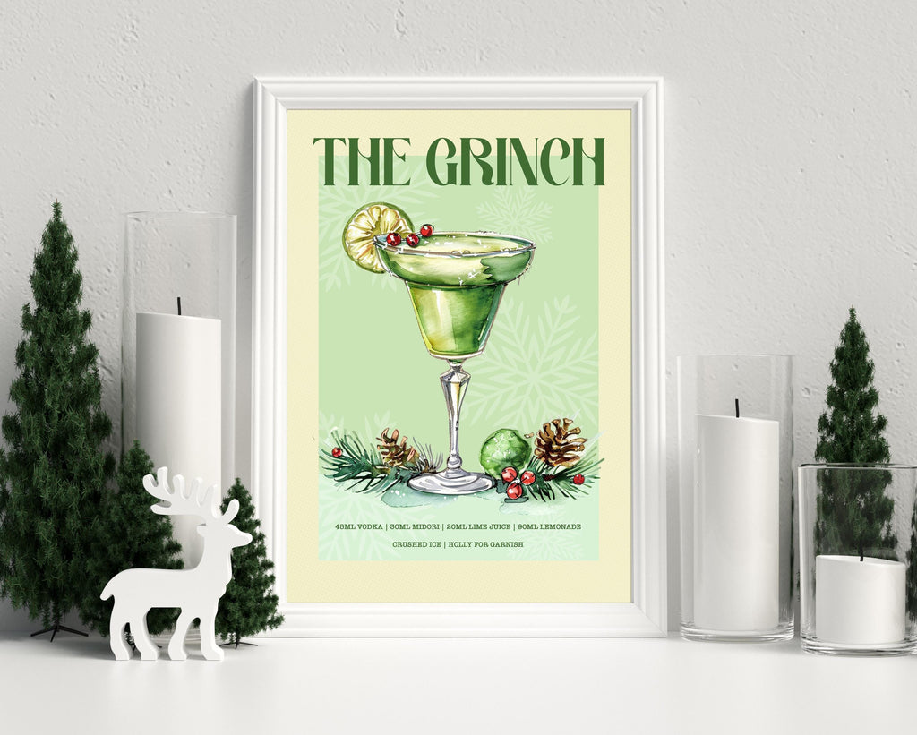 Retro The Grinch Christmas Cocktail Print: The Grinch Bar Cart Gallery Wall Art Poster