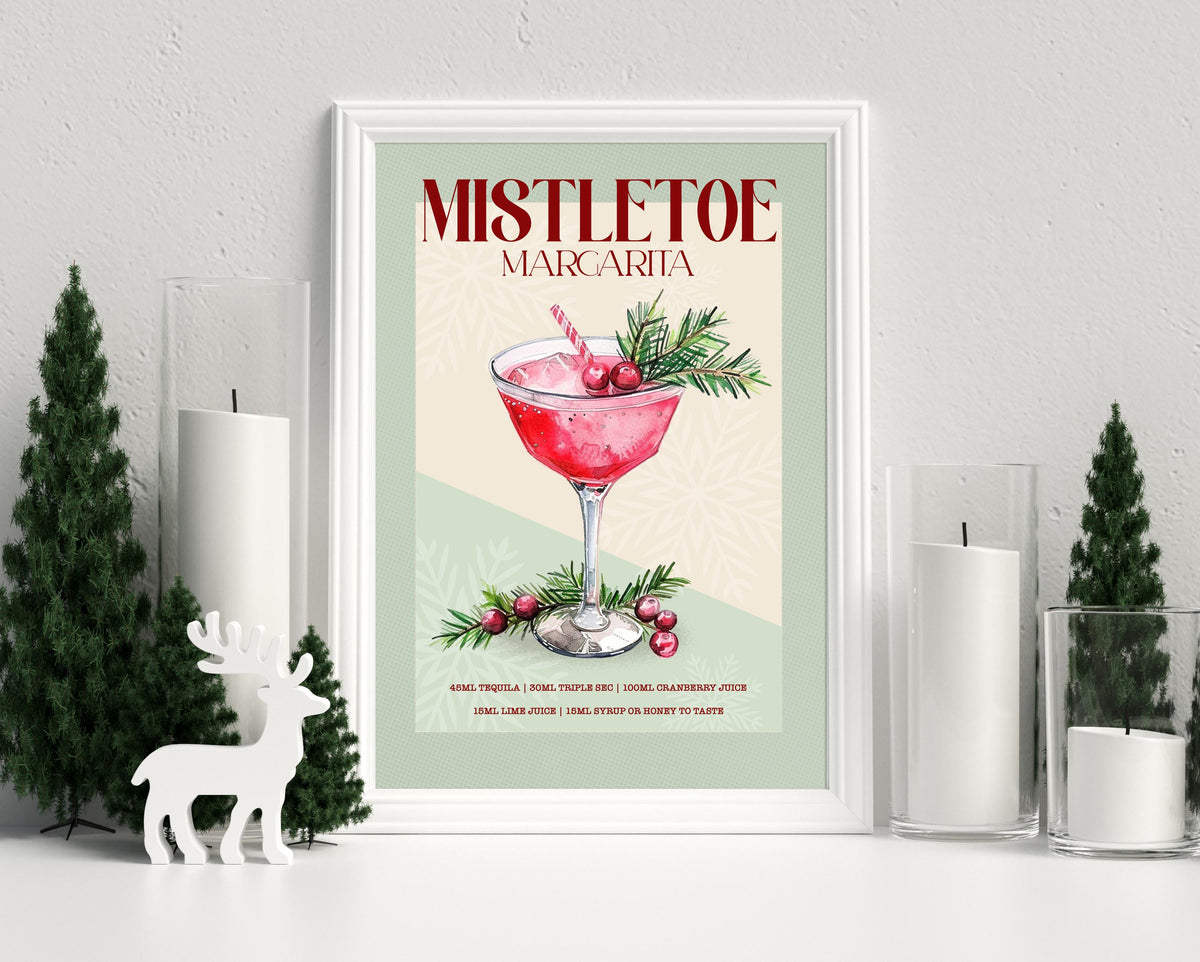Mistletoe Margarita Print: Retro Christmas & Winter Wedding Cocktail Art Poster Gift