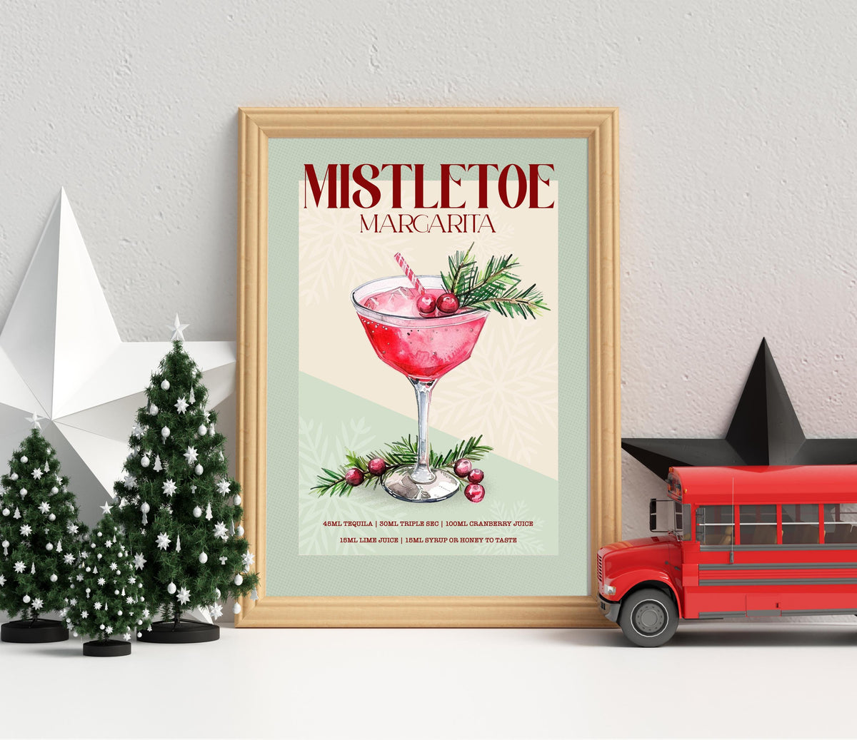 Mistletoe Margarita Print: Retro Christmas & Winter Wedding Cocktail Art Poster Gift