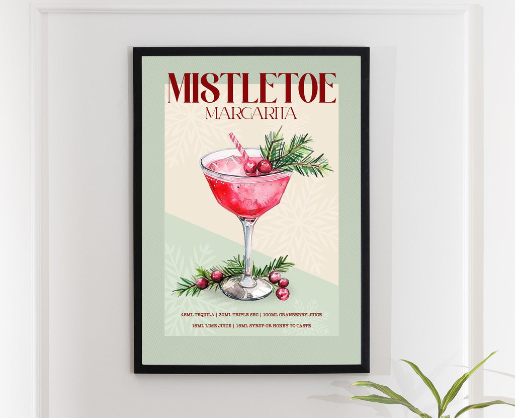 Mistletoe Margarita Print: Retro Christmas & Winter Wedding Cocktail Art Poster Gift