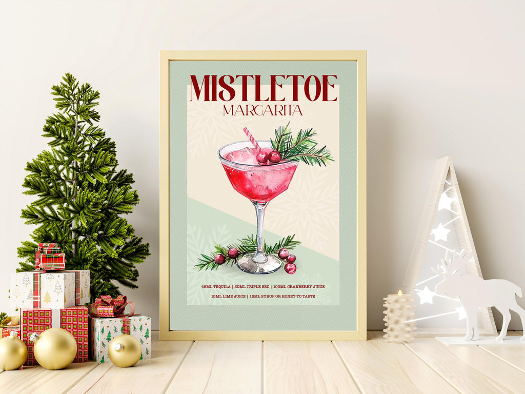 Mistletoe Margarita Print: Retro Christmas & Winter Wedding Cocktail Art Poster Gift
