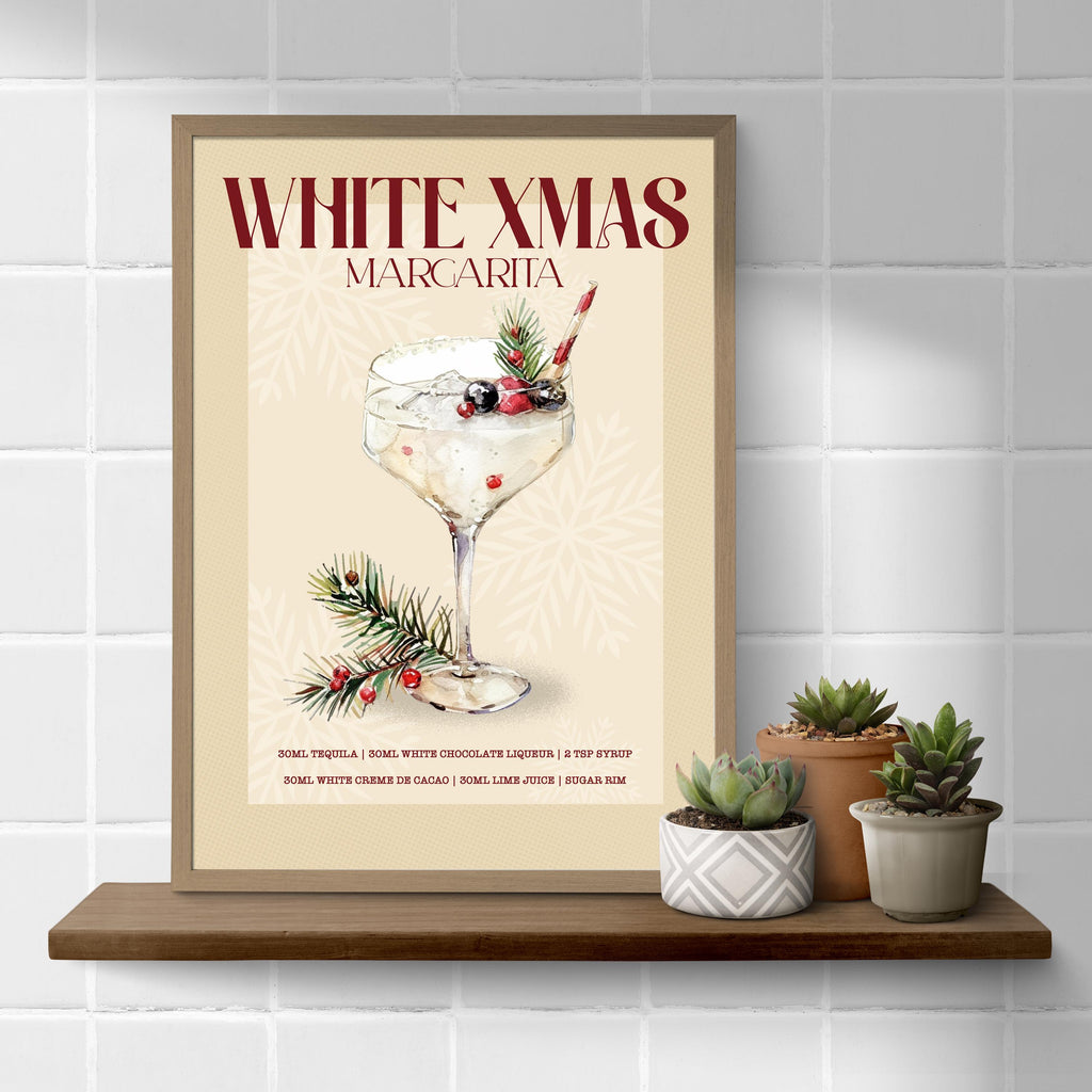 White Xmas Margarita Print: Retro Cocktail Art,  Christmas Drinks Kitchen Decor, Christmas Cocktail Poster Set