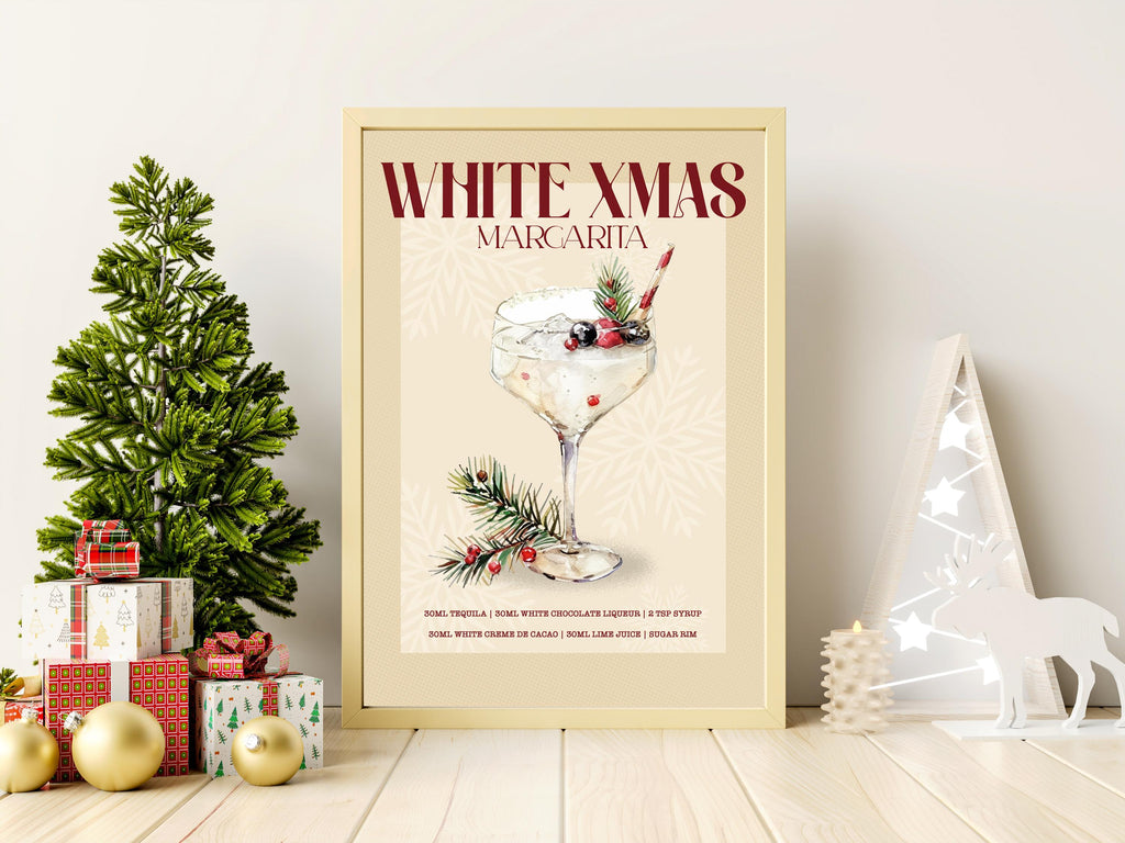 White Xmas Margarita Print: Retro Cocktail Art,  Christmas Drinks Kitchen Decor, Christmas Cocktail Poster Set