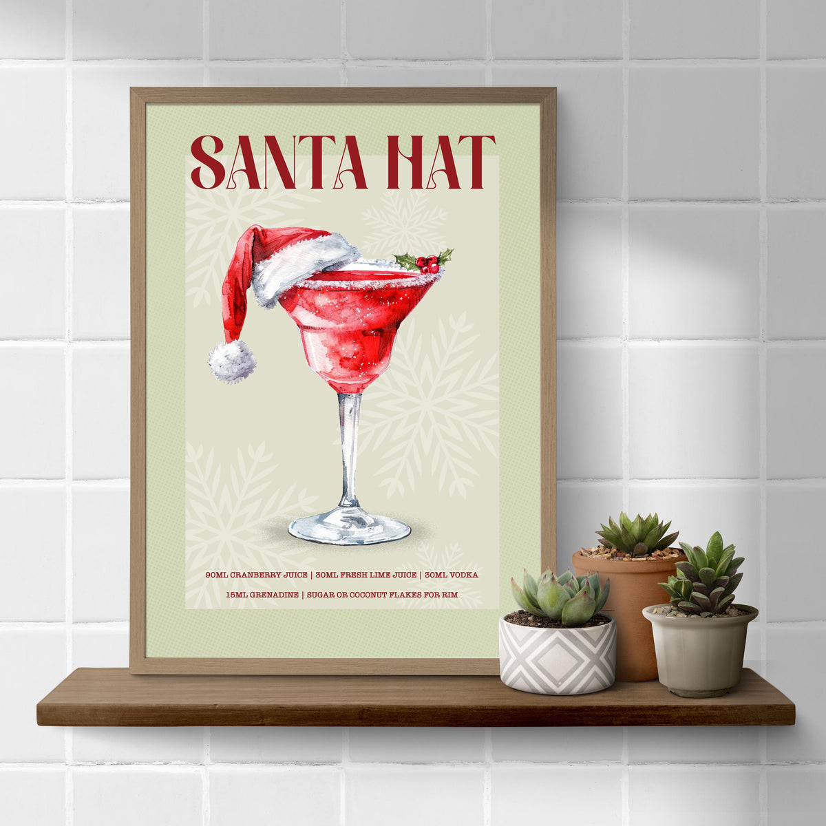 Santa Hat Cocktail Print: Retro Festive Christmas Bar Cart Art Poster Gift