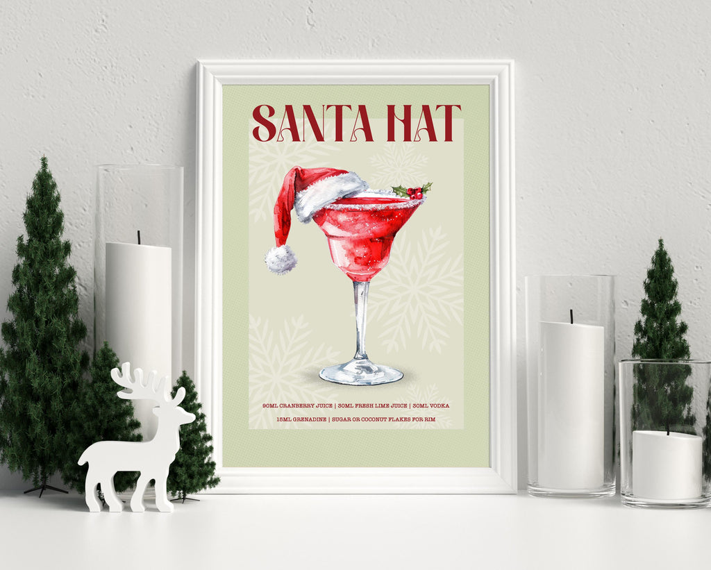 Santa Hat Cocktail Print: Retro Festive Christmas Bar Cart Art Poster Gift