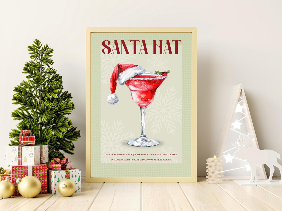 Santa Hat Cocktail Print: Retro Festive Christmas Bar Cart Art Poster Gift