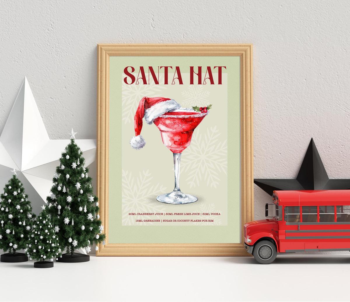 Santa Hat Cocktail Print: Retro Festive Christmas Bar Cart Art Poster Gift