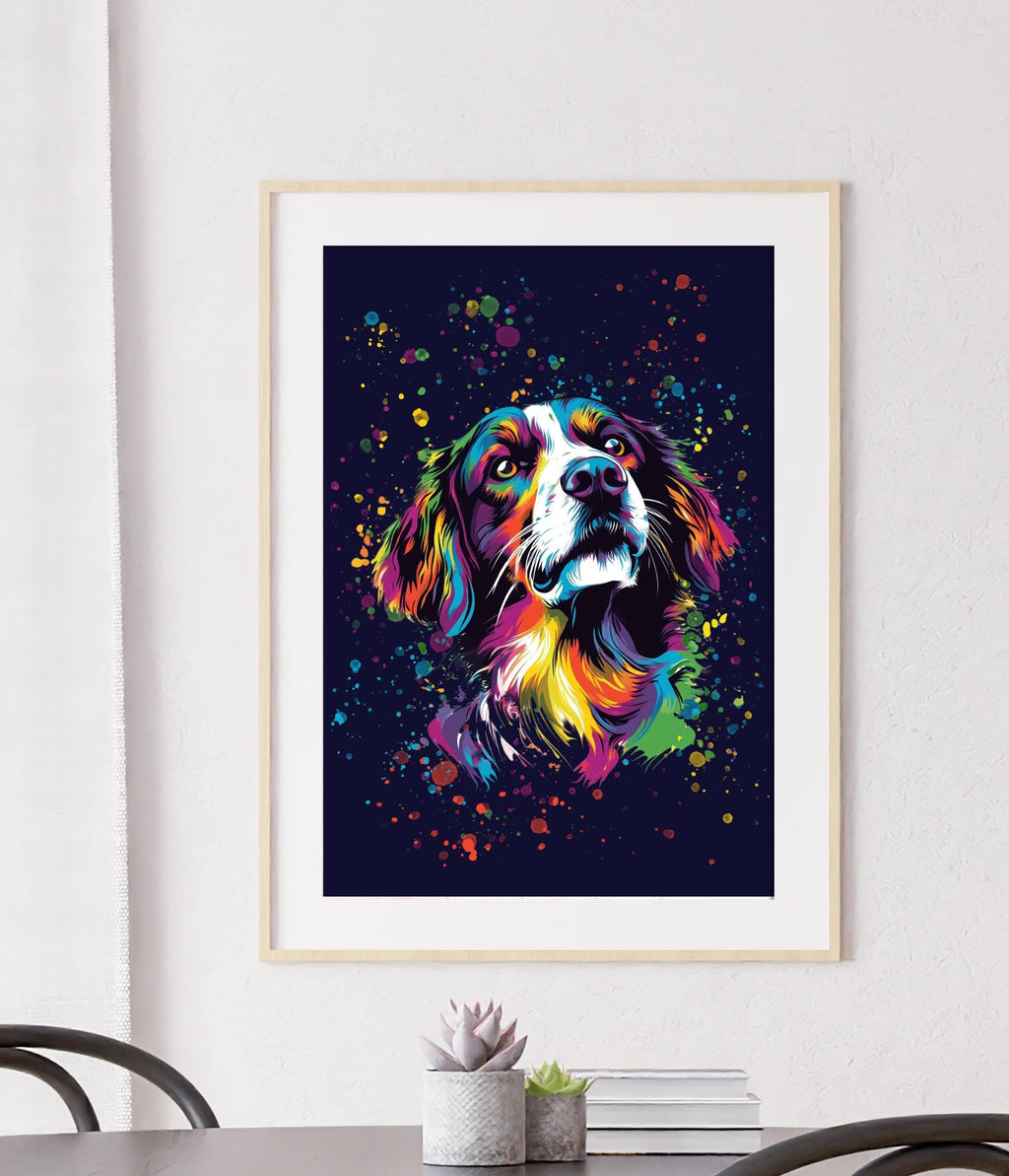 Colourful Spaniel Dog Print: Modern Bright Vibrant Art, Gallery Wall Poster, Rainbow Paint Splatter Wall Art