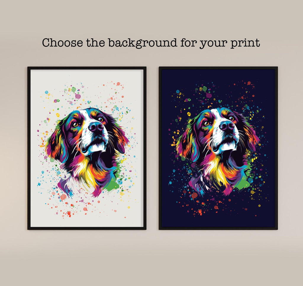 Colourful Spaniel Dog Print: Modern Bright Vibrant Art, Gallery Wall Poster, Rainbow Paint Splatter Wall Art