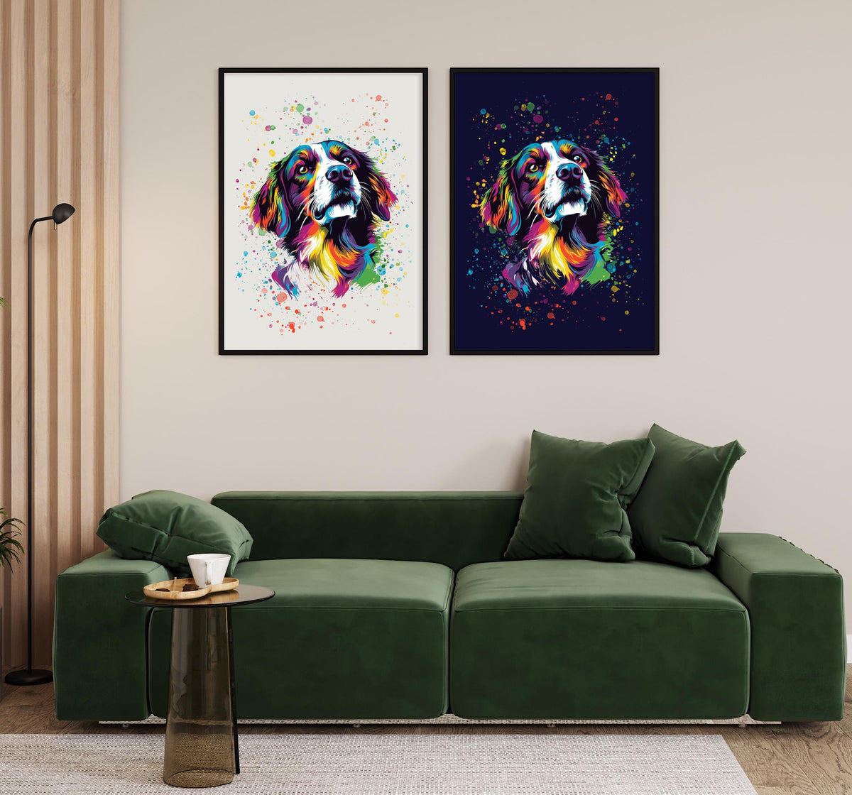 Colourful Spaniel Dog Print: Modern Bright Vibrant Art, Gallery Wall Poster, Rainbow Paint Splatter Wall Art