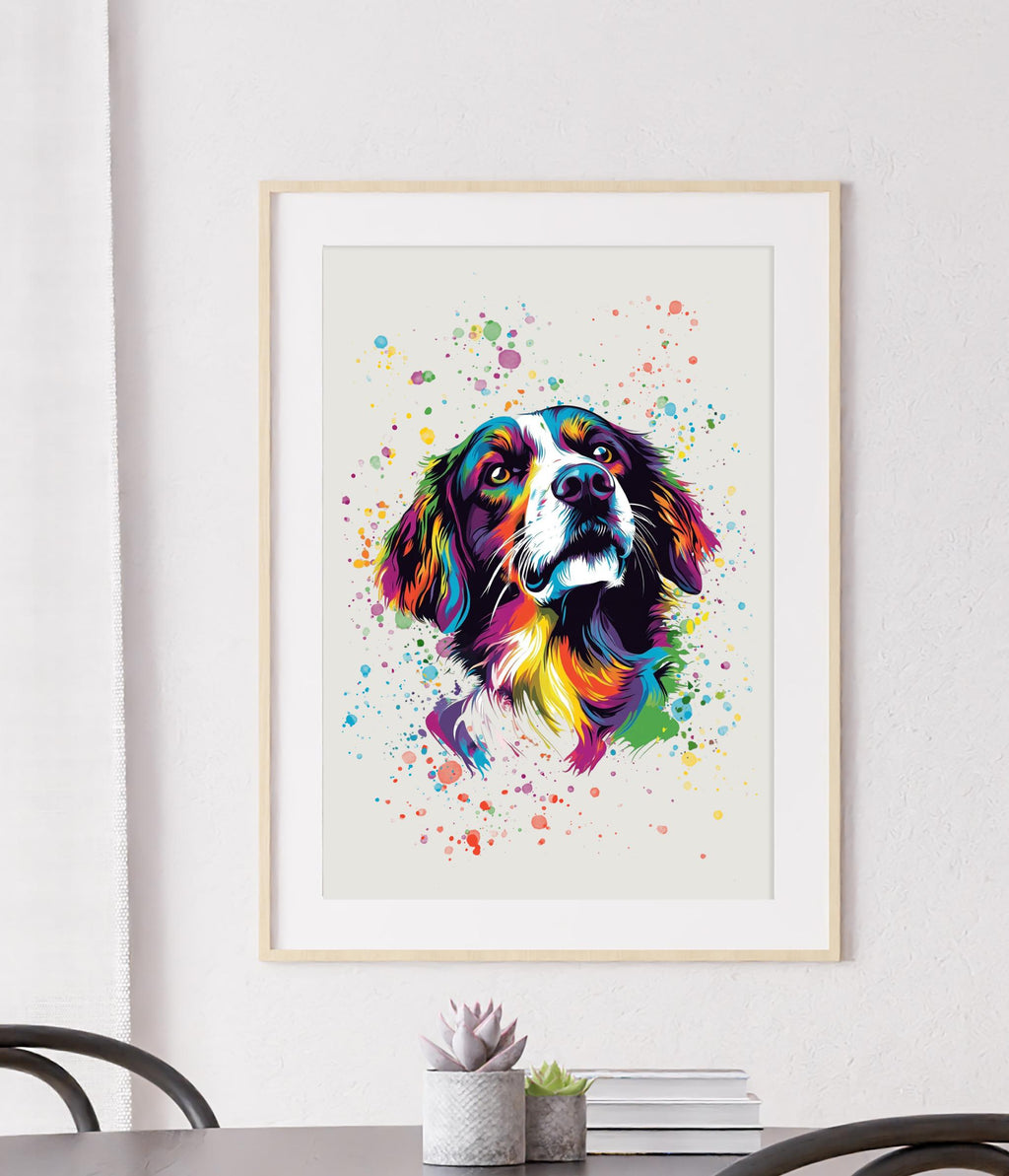 Colourful Spaniel Dog Print: Modern Bright Vibrant Art, Gallery Wall Poster, Rainbow Paint Splatter Wall Art