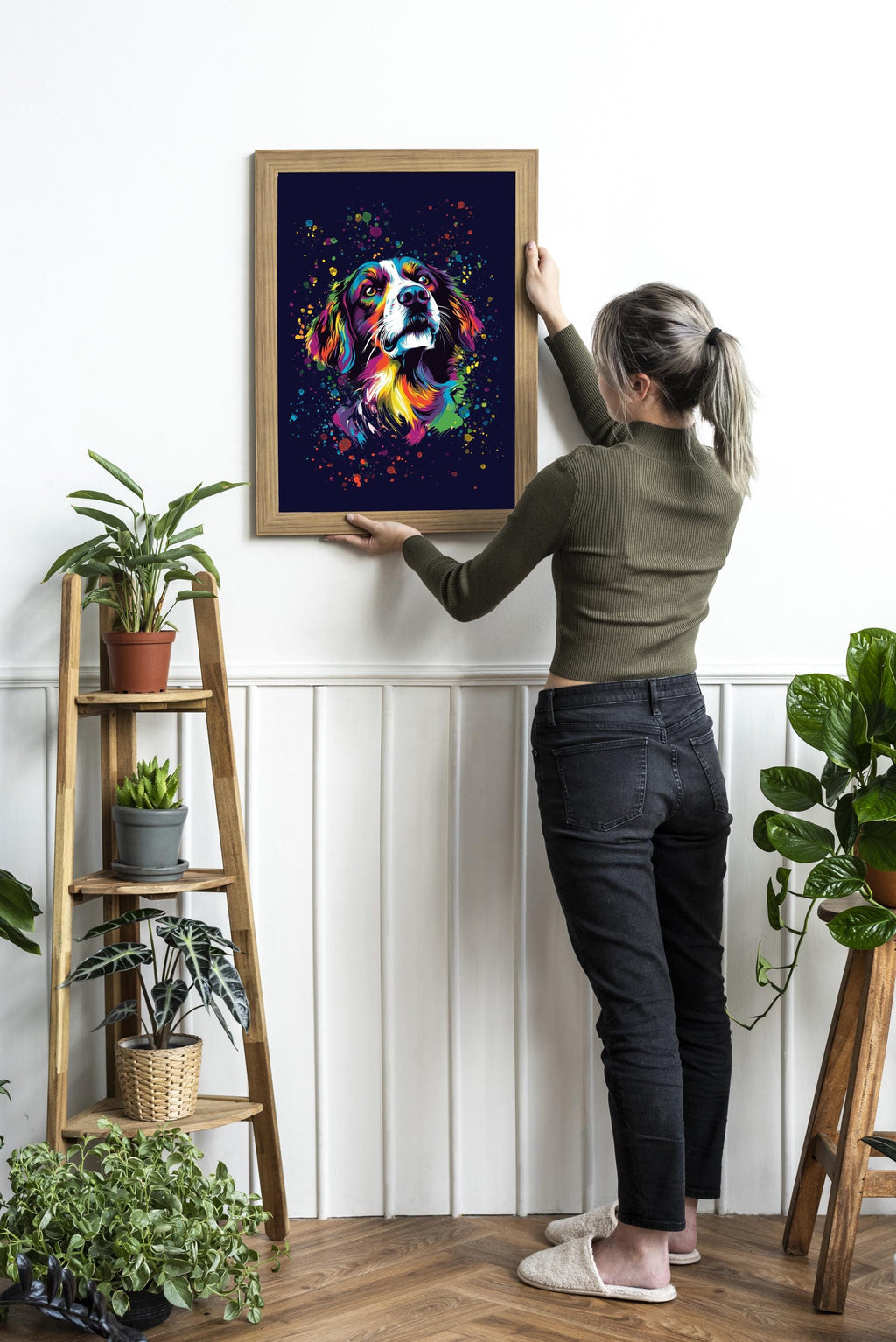 Colourful Spaniel Dog Print: Modern Bright Vibrant Art, Gallery Wall Poster, Rainbow Paint Splatter Wall Art