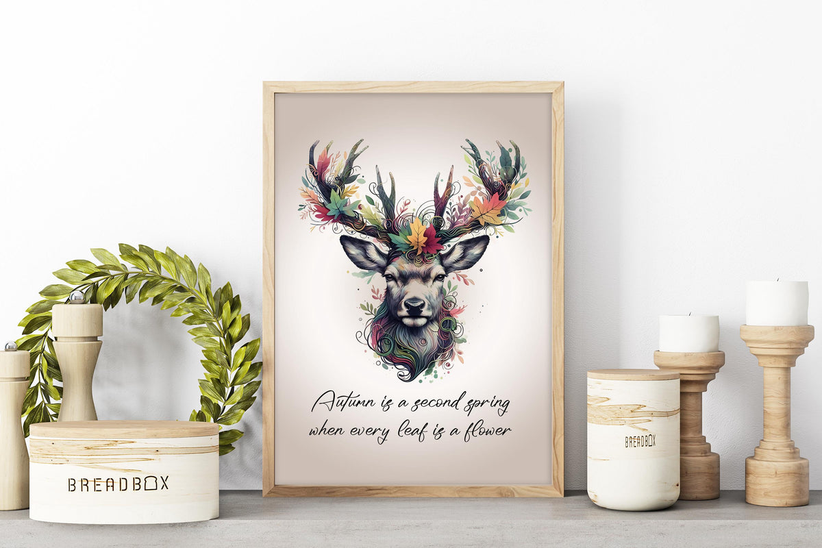 Autumn Art Decor Print: Farmhouse Fall Watercolour Deer Painting with quote