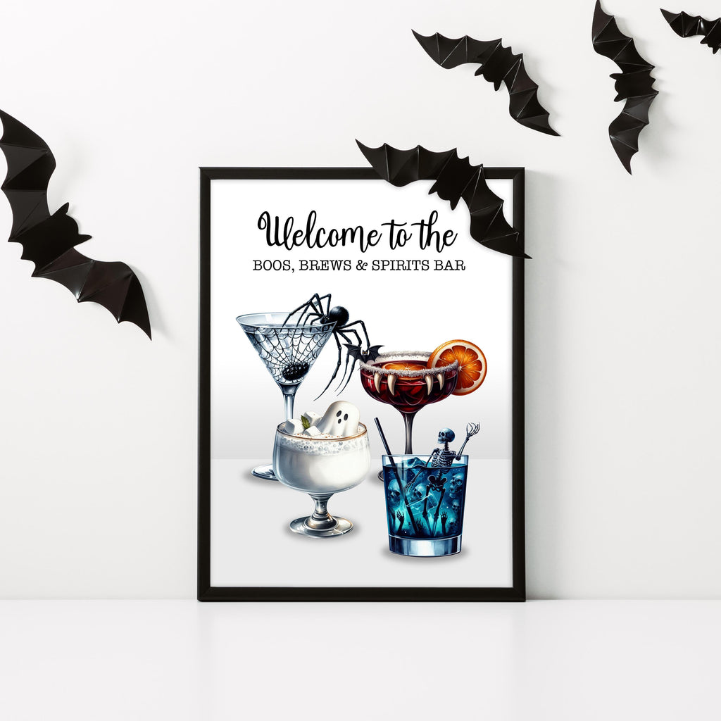 Halloween Cocktail Art Print: Boos, Brews & Spirits Bar Poster. Halloween party decoration