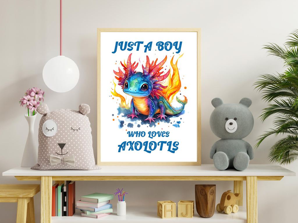 Axolotl Print, Boys Blue Bedroom Decor, Bright Vibrant Playroom Poster, Mythical Animal Wall Art, Fire Creature Illustration
