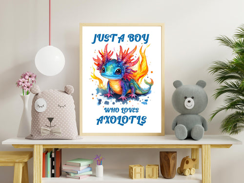 Axolotl Print, Boys Blue Bedroom Decor, Bright Vibrant Playroom Poster, Mythical Animal Wall Art, Fire Creature Illustration