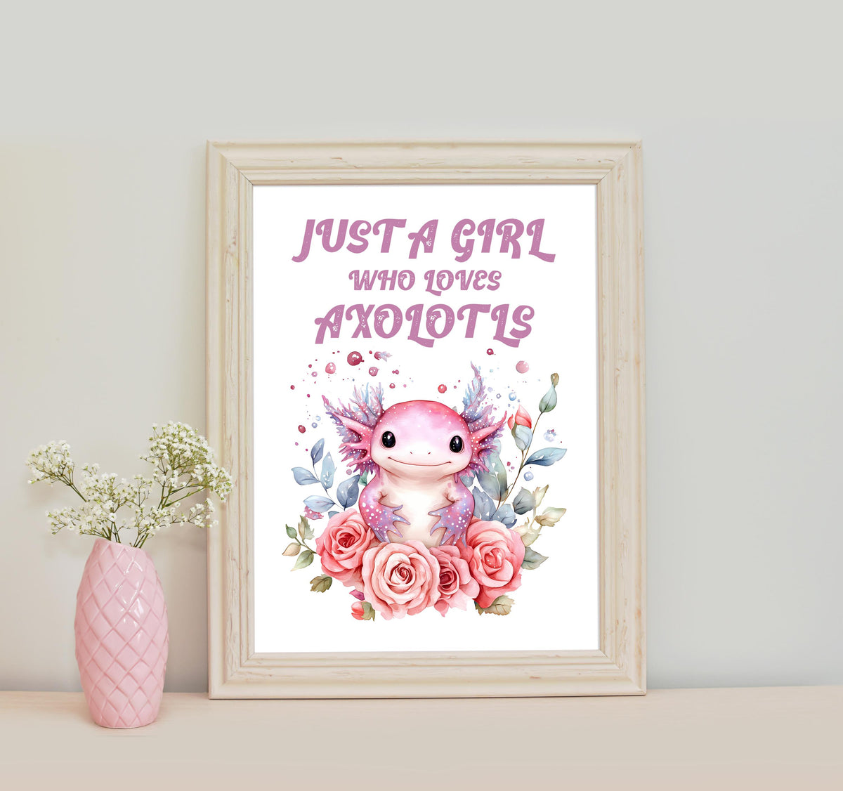 Axolotl girls bedroom wall art print: Bright pastel Children's playroom animal poster
