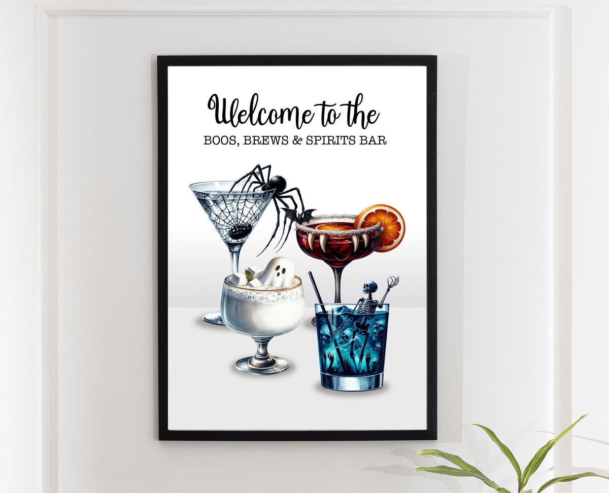 Halloween Cocktail Art Print: Boos, Brews & Spirits Bar Poster. Halloween party decoration