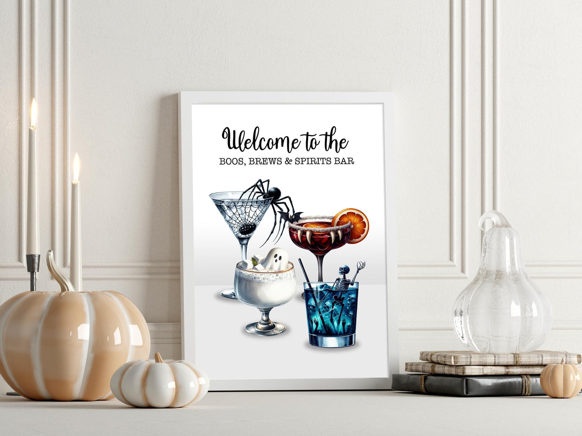 Halloween Cocktail Art Print: Boos, Brews & Spirits Bar Poster. Halloween party decoration