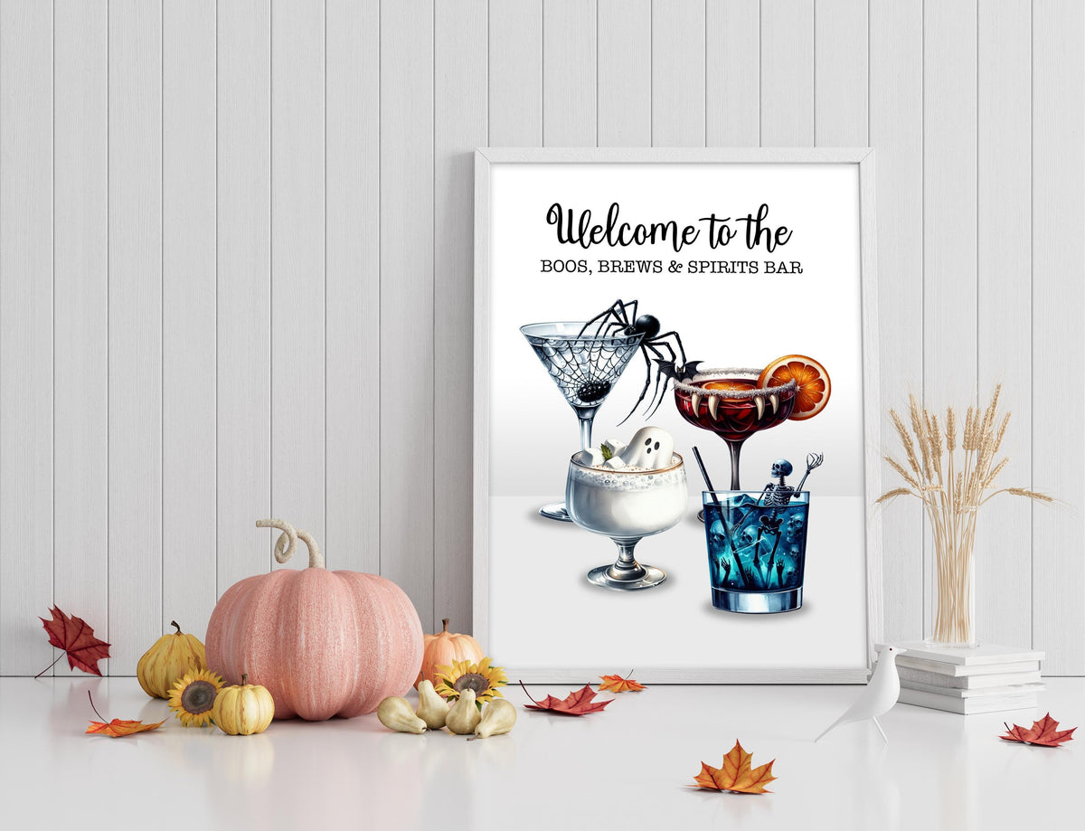 Halloween Cocktail Art Print: Boos, Brews & Spirits Bar Poster. Halloween party decoration