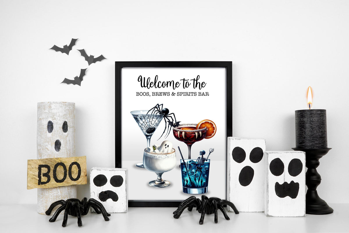 Halloween Cocktail Art Print: Boos, Brews & Spirits Bar Poster. Halloween party decoration